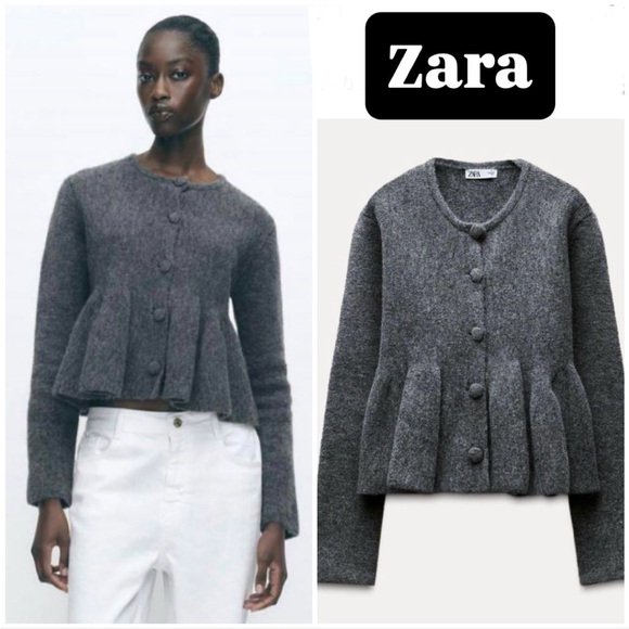 🍁Sweater weather NWOT! Zara Charcoal Peplum Cardigan - Picture 1 of 11